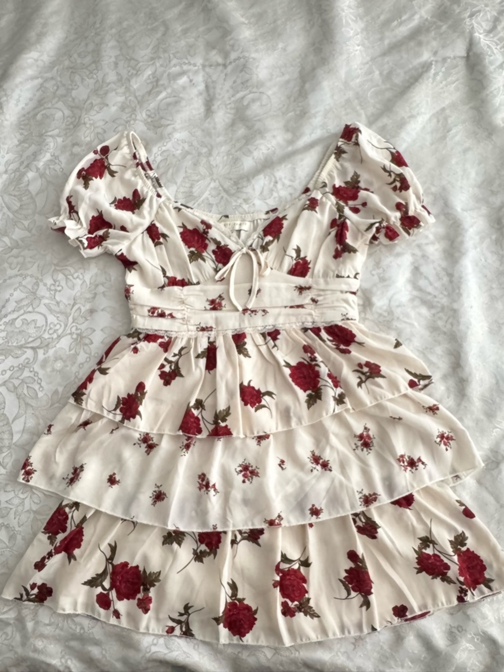 Cream Floral Tiered Mini Dress with Red Roses